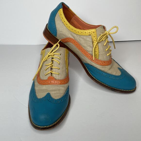 COLE HAAN Women's Wingtip Oxford Lace up Turquoise Orange Yellow D37780 7 -1/2 B - Picture 6 of 16